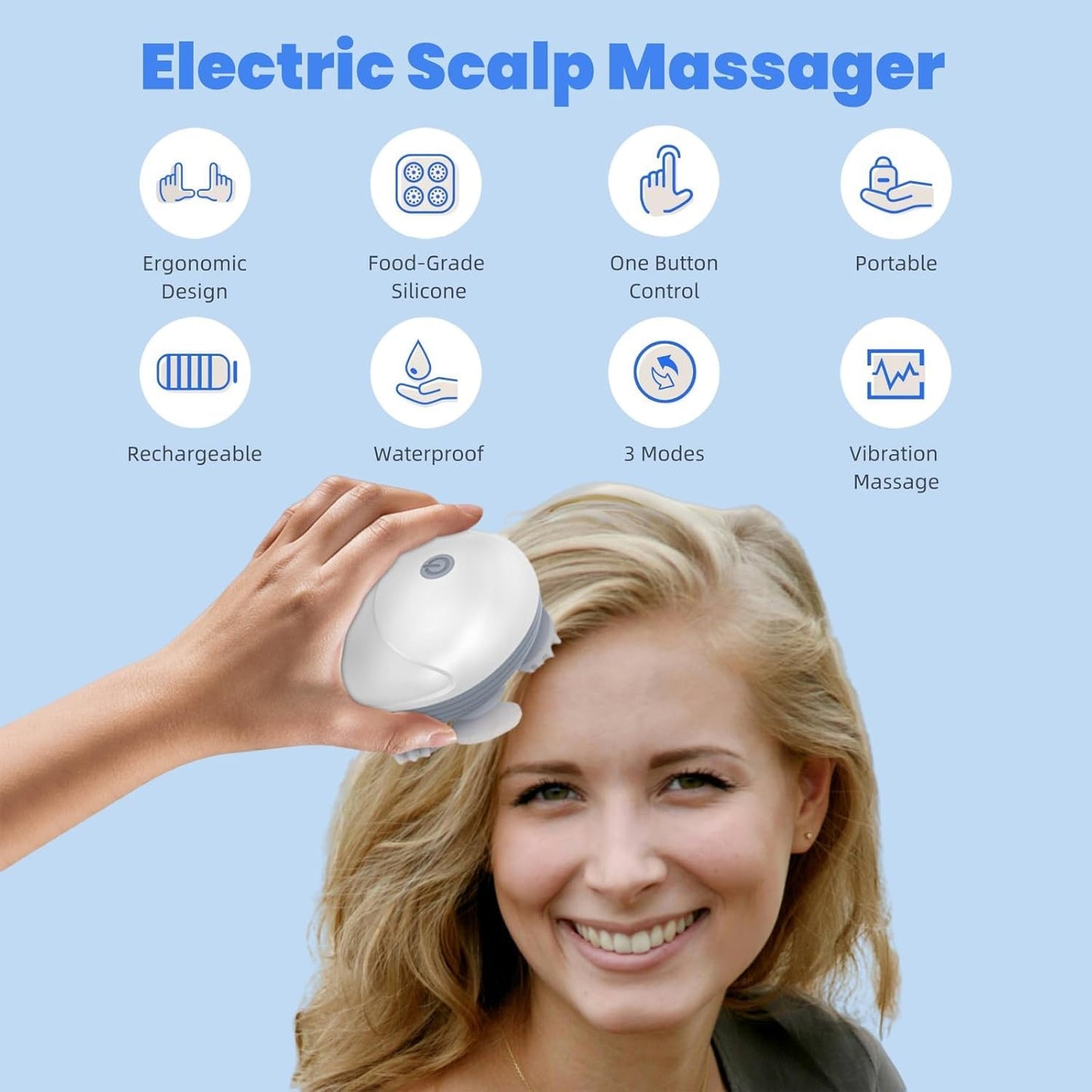 Electric Scalp Massager for Men Women, Handheld Cat Dog Pet Head Massager with 4 Massage Heads, 3 Speeds, Waterproof Massager for Soothing, Stress Relaxation (Scalp Massager), White