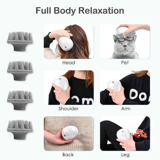 Electric Scalp Massager for Men Women, Handheld Cat Dog Pet Head Massager with 4 Massage Heads, 3 Speeds, Waterproof Massager for Soothing, Stress Relaxation (Scalp Massager), White