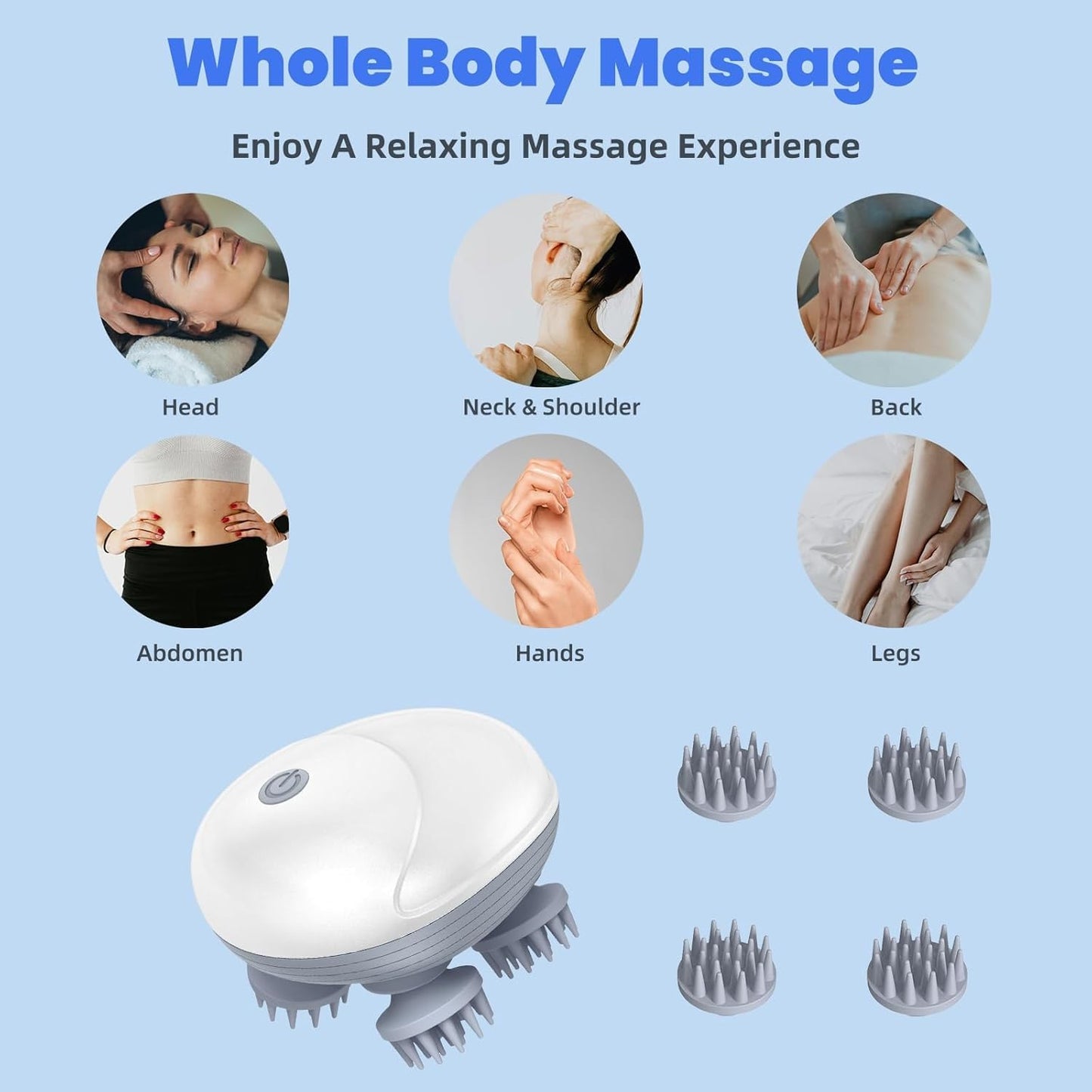 Electric Scalp Massager for Men Women, Handheld Cat Dog Pet Head Massager with 4 Massage Heads, 3 Speeds, Waterproof Massager for Soothing, Stress Relaxation (Scalp Massager), White