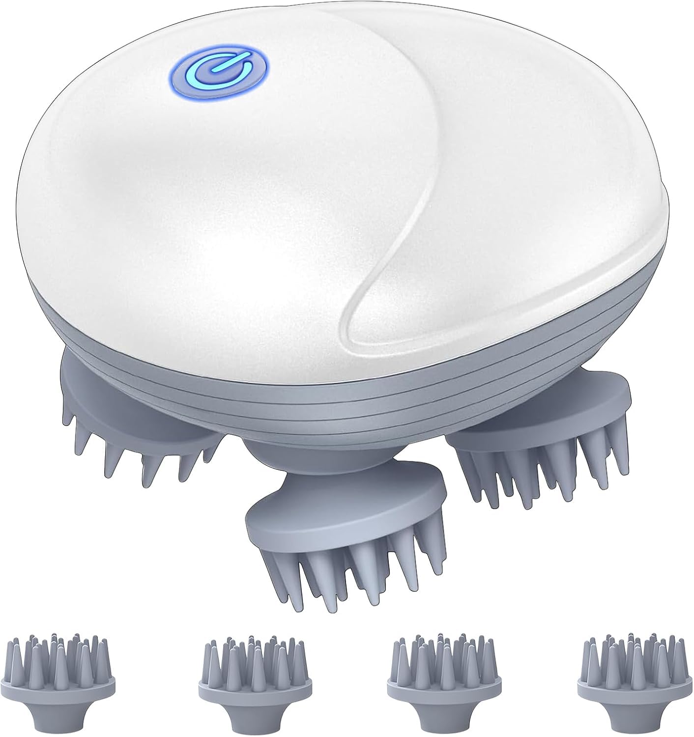 Electric Scalp Massager for Men Women, Handheld Cat Dog Pet Head Massager with 4 Massage Heads, 3 Speeds, Waterproof Massager for Soothing, Stress Relaxation (Scalp Massager), White