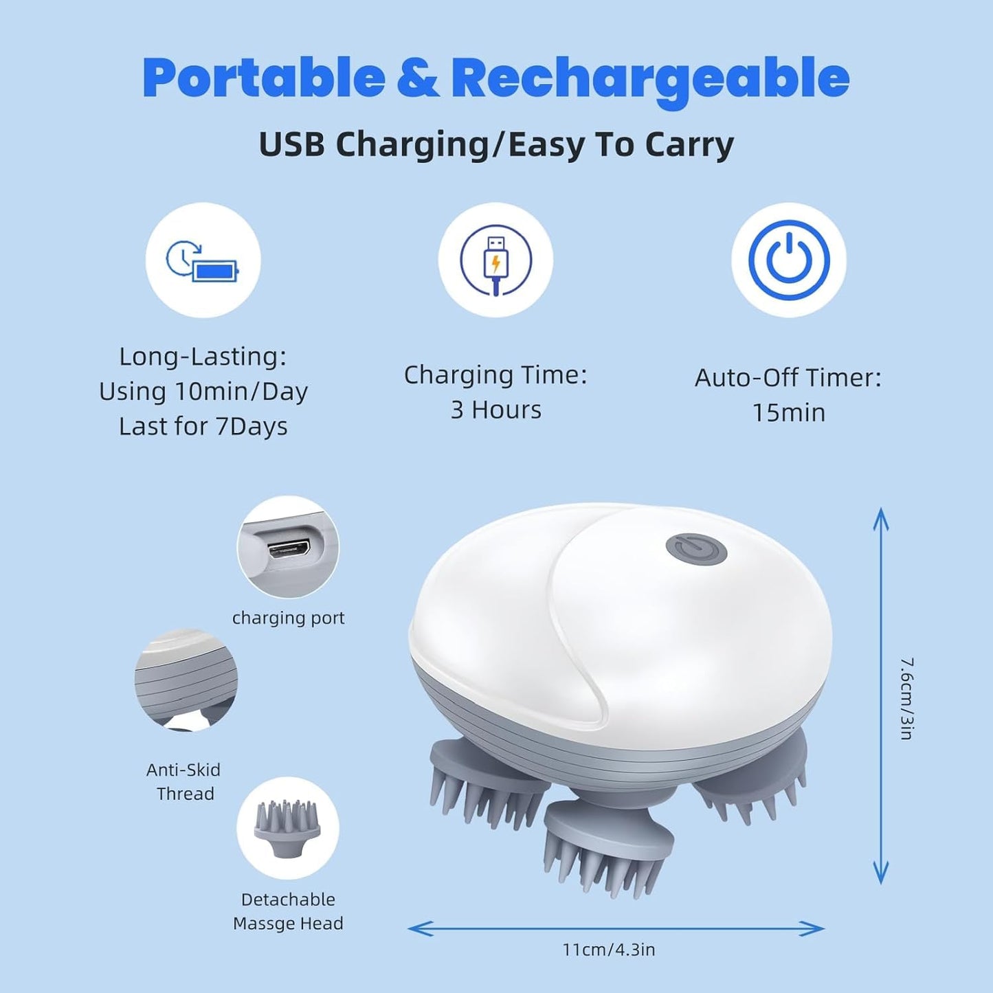 Electric Scalp Massager for Men Women, Handheld Cat Dog Pet Head Massager with 4 Massage Heads, 3 Speeds, Waterproof Massager for Soothing, Stress Relaxation (Scalp Massager), White