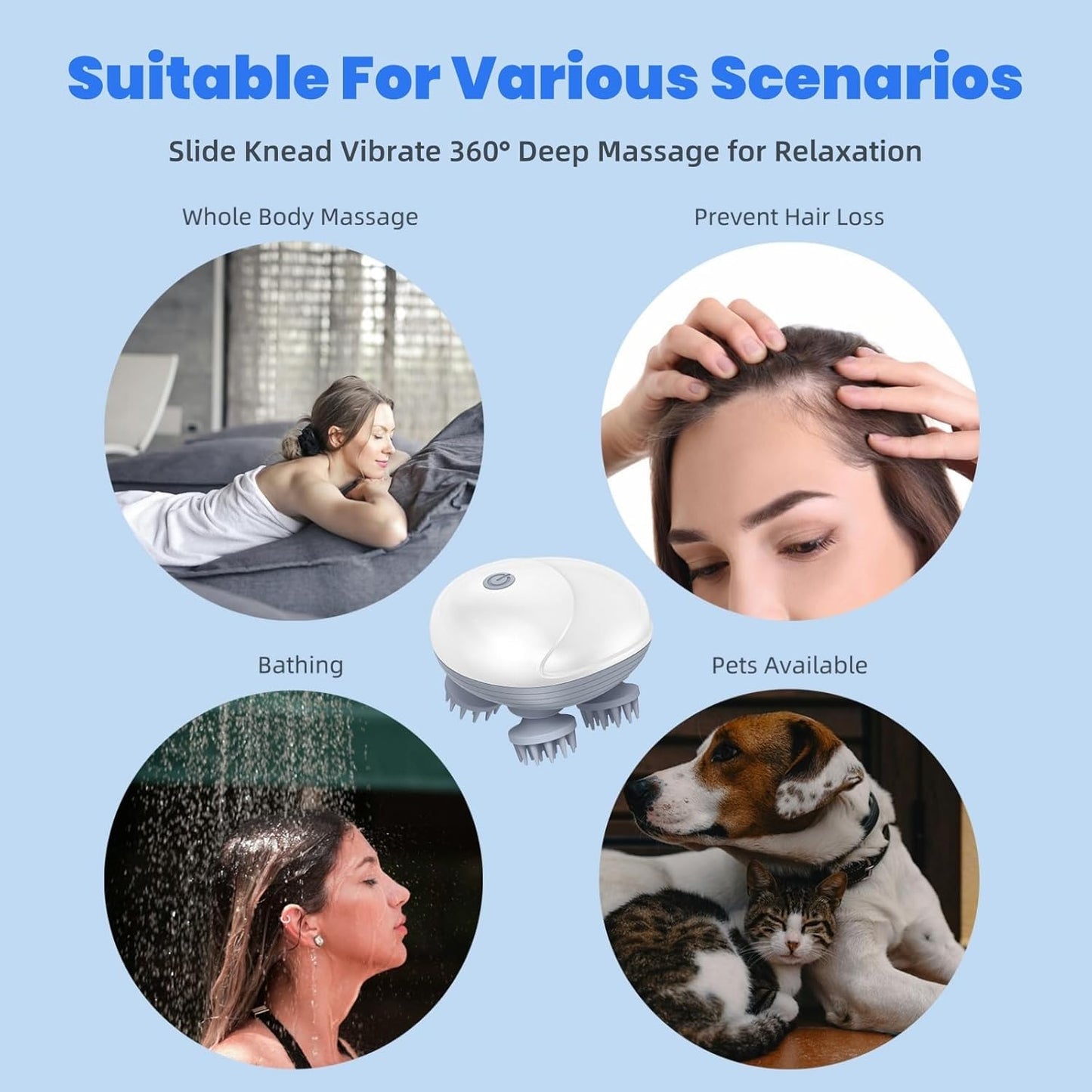 Electric Scalp Massager for Men Women, Handheld Cat Dog Pet Head Massager with 4 Massage Heads, 3 Speeds, Waterproof Massager for Soothing, Stress Relaxation (Scalp Massager), White