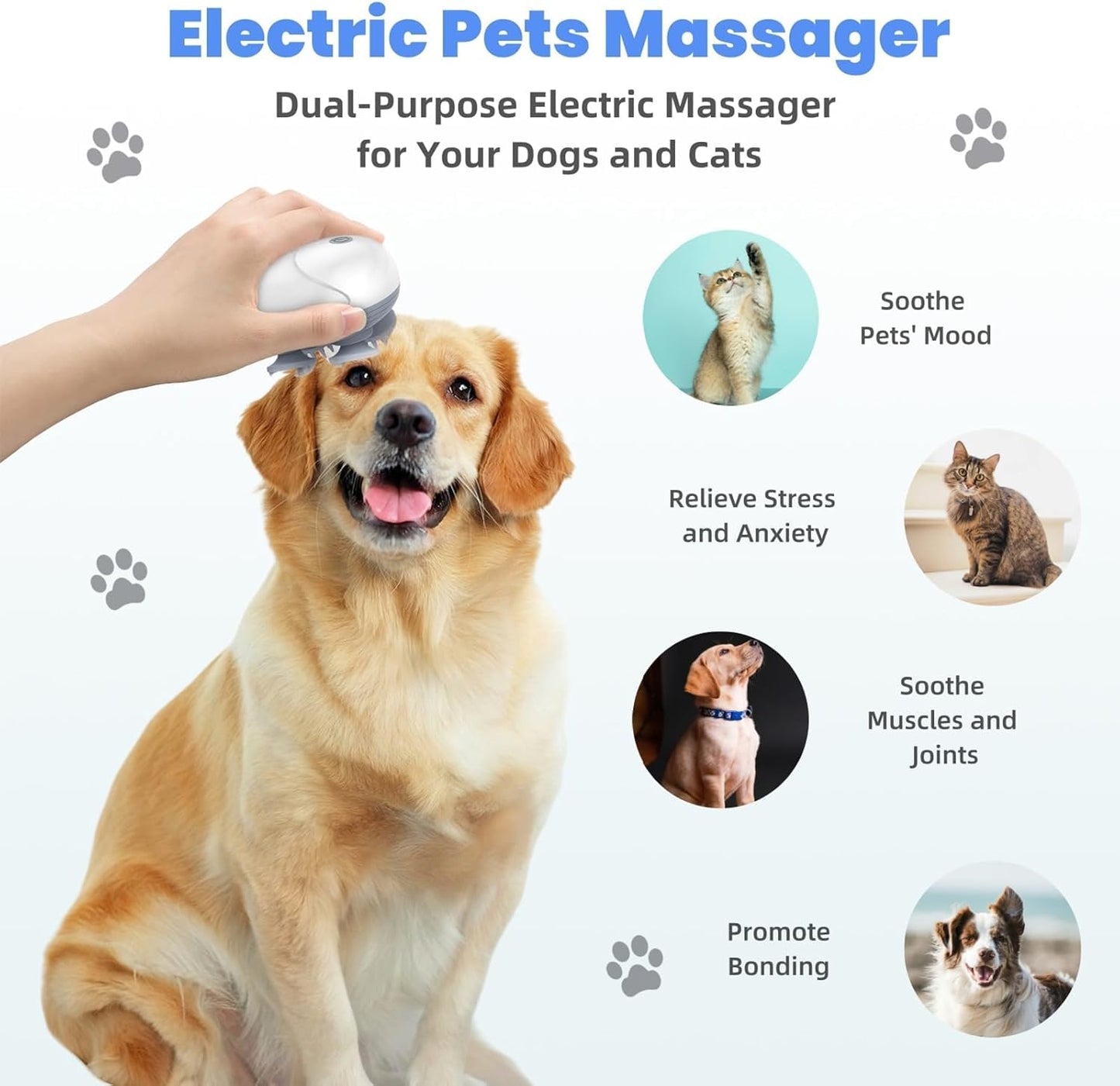 Electric Scalp Massager for Men Women, Handheld Cat Dog Pet Head Massager with 4 Massage Heads, 3 Speeds, Waterproof Massager for Soothing, Stress Relaxation (Scalp Massager), White