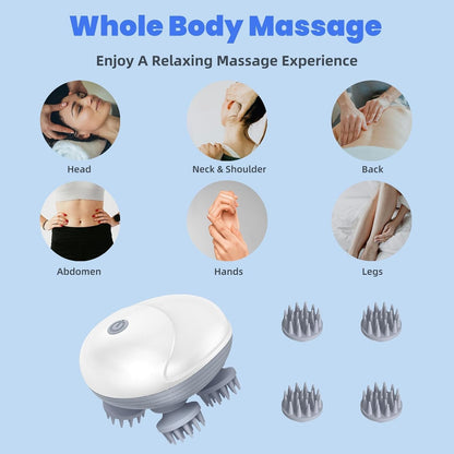 Electric Scalp Massager for Men Women, Handheld Cat Dog Pet Head Massager with 4 Massage Heads, 3 Speeds, Waterproof Massager for Soothing, Stress Relaxation (Scalp Massager), White
